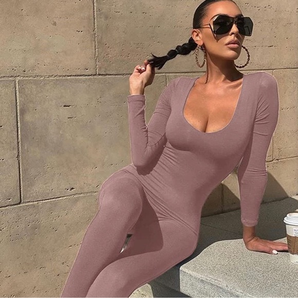 Pants - Long Sleeve Bodycon Jumpsuit Rompers Color Apricot Size S